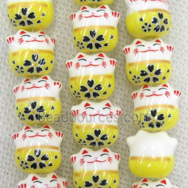 yellow Oriental Porcelain beads, fortune cat