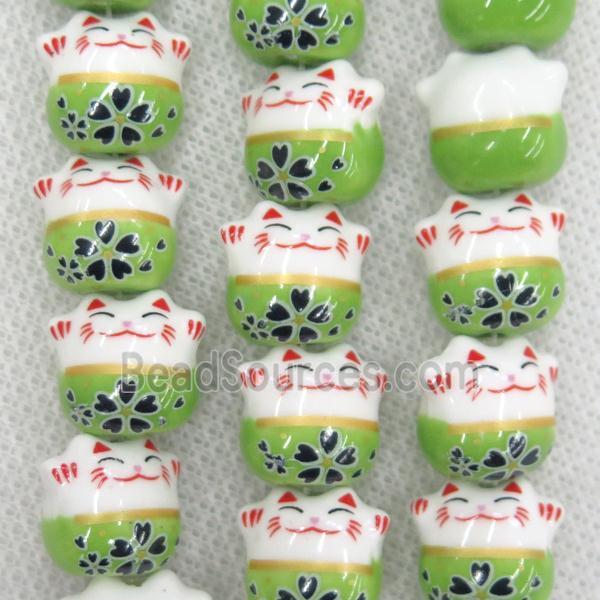 green Oriental Porcelain beads, fortune cat