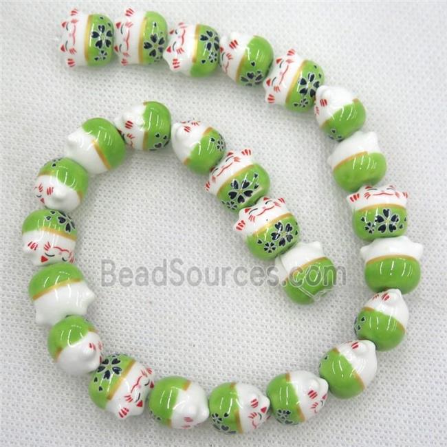 green Oriental Porcelain beads, fortune cat