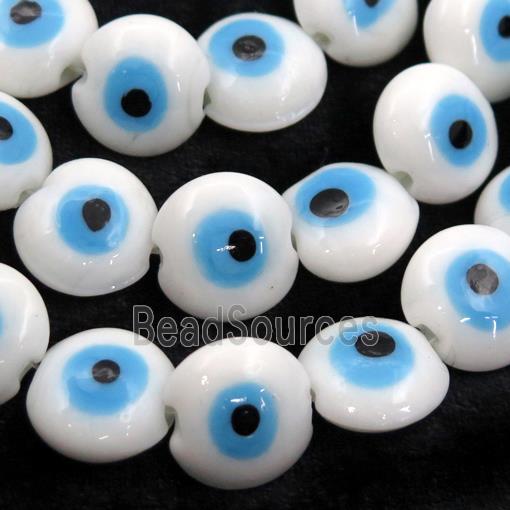 handmade white Lampwork Glass coin Beads with evil eye