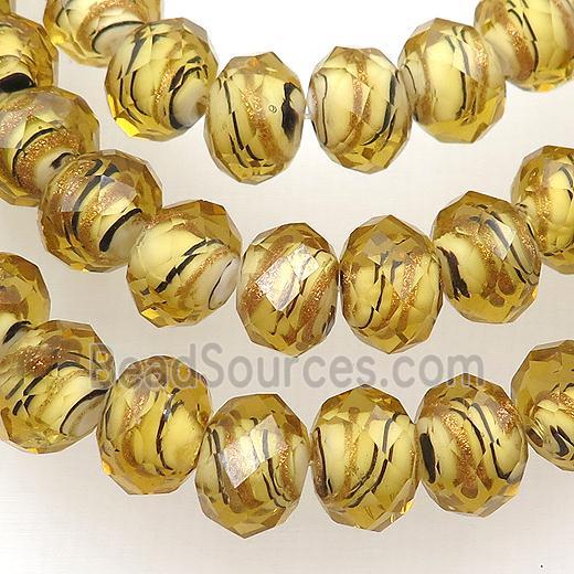 gold Lampwork glass beads, faceted rondelle