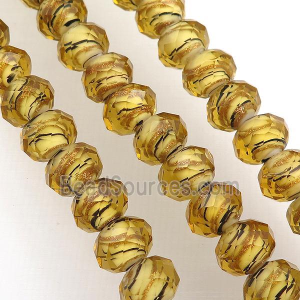 gold Lampwork glass beads, faceted rondelle