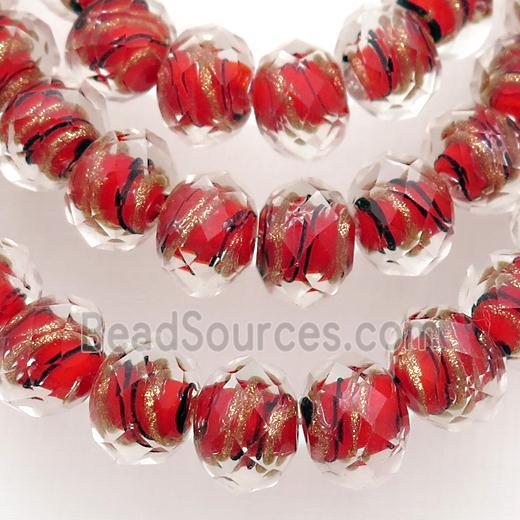 red Lampwork glass beads, faceted rondelle