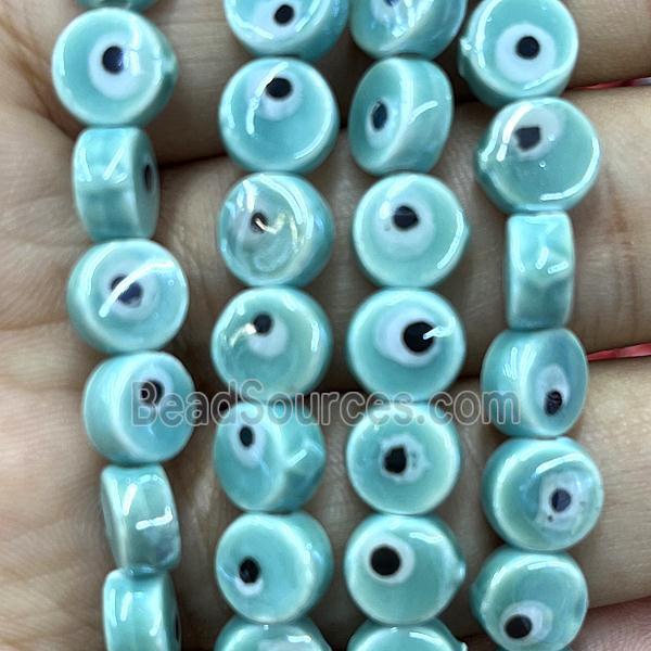 green Porcelain button beads, evil eye, electroplated