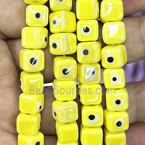 yellow Porcelain cube beads, evil eye, electroplated