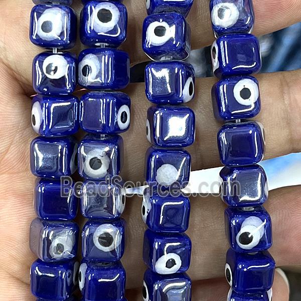 blue Porcelain cube beads, evil eye, electroplated