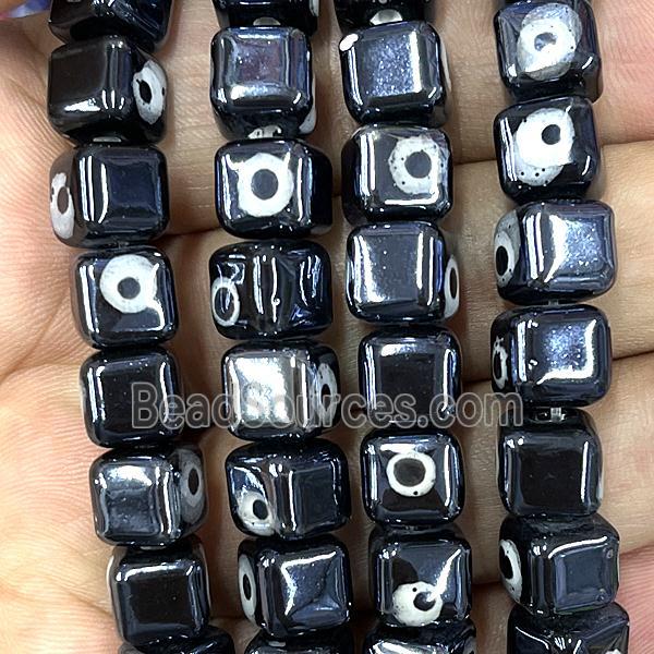 black Porcelain cube beads, evil eye, electroplated