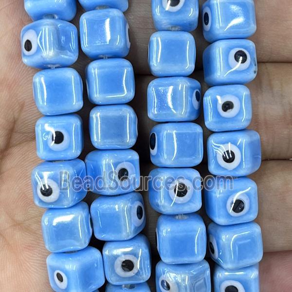 blue Porcelain cube beads, evil eye, electroplated