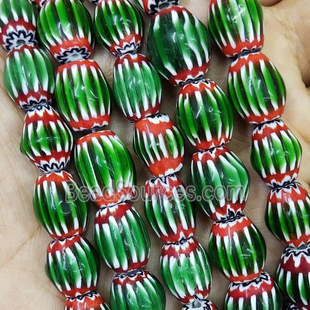 Nepal Style Green Lampwork Glass Chevron Beads Barrel