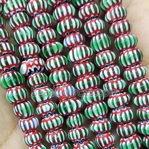 Nepal Style Green Lampwork Glass Rondelle Chevron Beads