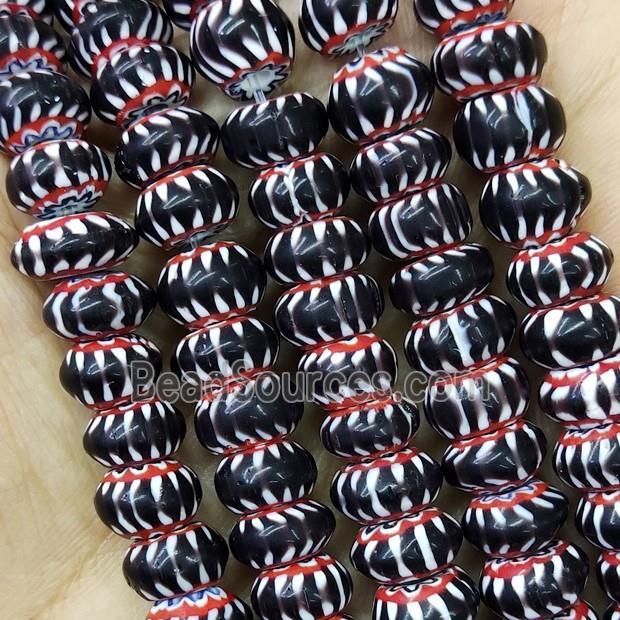 Nepal Style Black Lampwork Glass Rondelle Chevron Beads