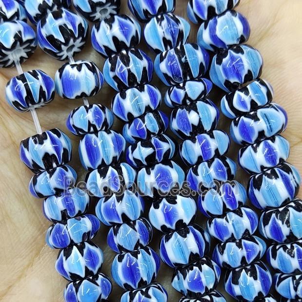 Nepal Style Blue Lampwork Glass Rondelle Chevron Beads