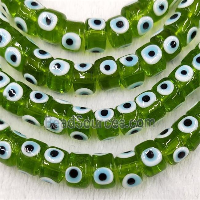 Green Lampwork Glass Heishi Beads With Evil Eye