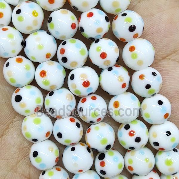 Round White Lampwork Glass Beads Spotted Smooth