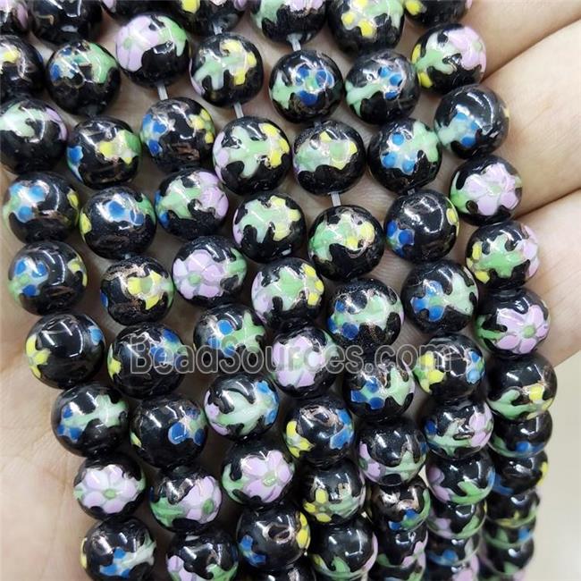 Porcelain Beads Multicolor Black Smooth Round