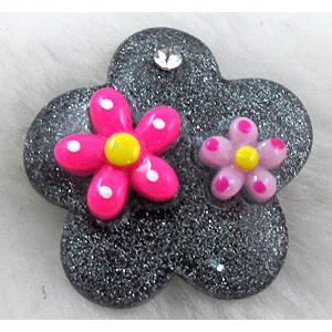 Resin Cabochon, flower, flat-back, black