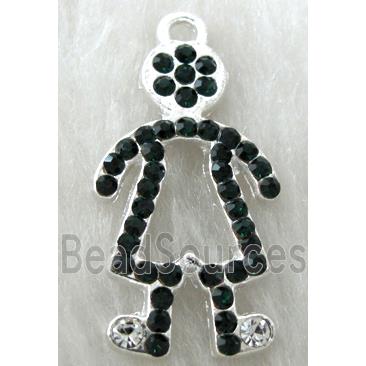 Alloy pendants paved black rhinestone, silver plated