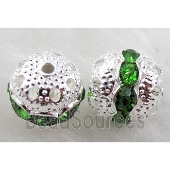 Rhinestone, copper round bead, silver plated, green