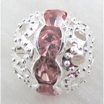 Rhinestone, copper round bead, silver plated, pink