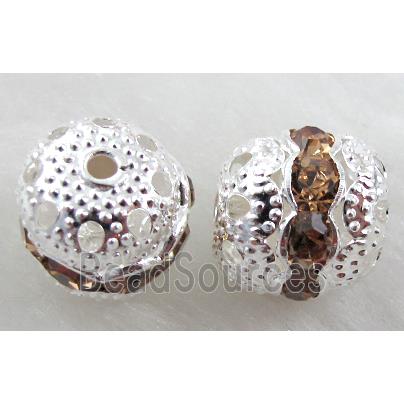 Rhinestone, copper round bead, silver plated, champagne