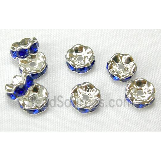 Cobalt Rondelle Middle East Rhinestone Beads, silver plated