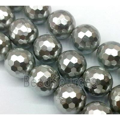 pearlized shell beads, faceted round, deep gray