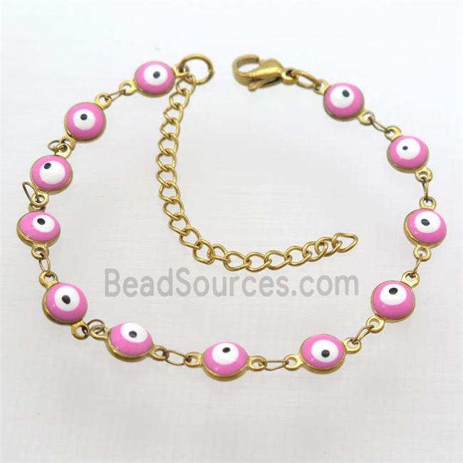 stainless steel bracelet with pink evil eye, resizable, gold plated