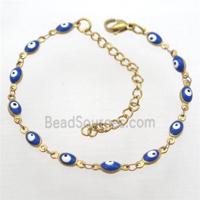 stainless steel bracelet with blue evil eye, Adjustable, gold plated