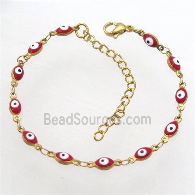 stainless steel bracelet with red evil eye, resizable, gold plated