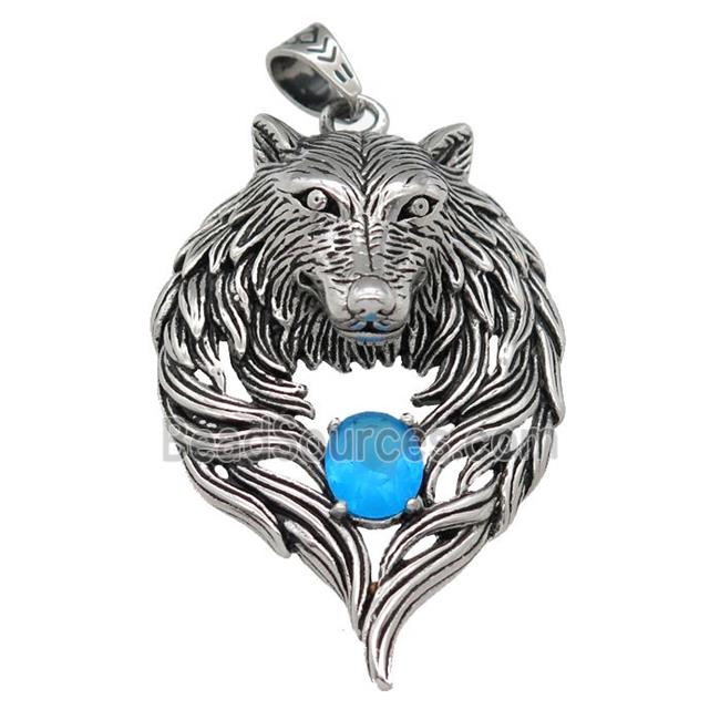 stainless steel wolf pendant, antique silver