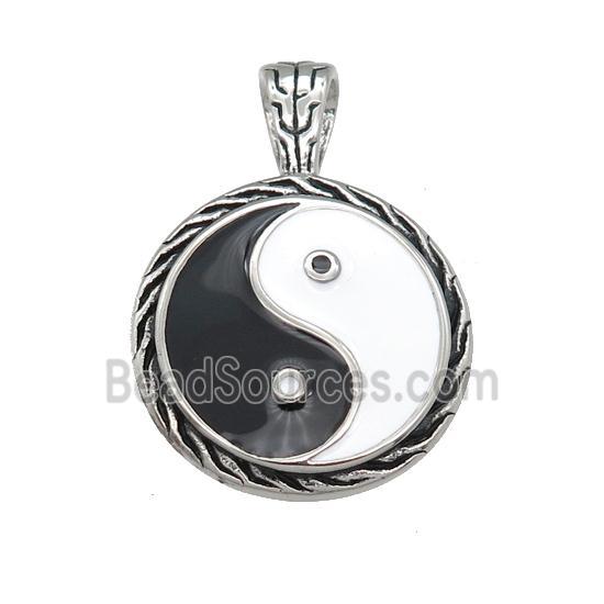 Stainless Steel Taichi Pendant Enamel YinYang Antique Silver