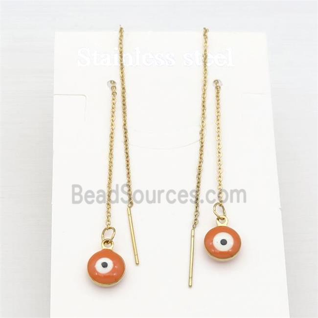 stainless steel Wire Earring with orange enamel Evil Eye, gold plated