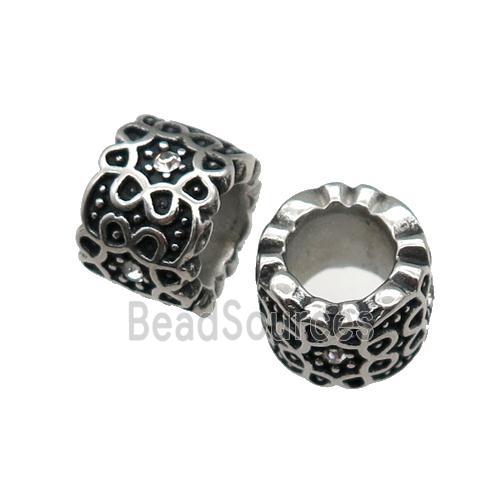 Stainless Steel tube Beads pave rhinestone, large hole, antique silver