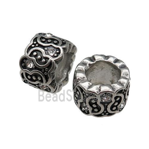 Stainless Steel tube Beads pave rhinestone, large hole, antique silver