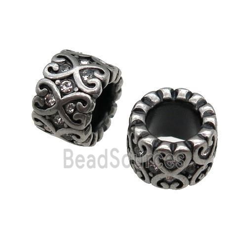 Stainless Steel tube Beads pave rhinestone, large hole, antique silver