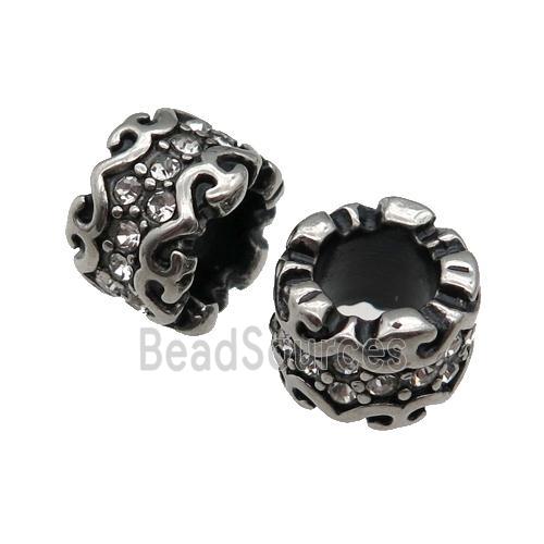 Stainless Steel tube Beads pave rhinestone, large hole, antique silver