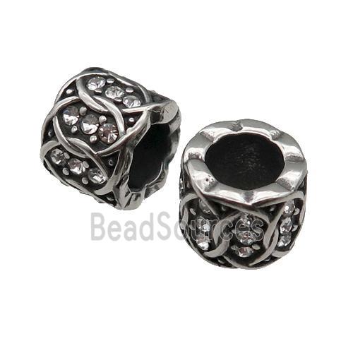 Stainless Steel tube Beads pave rhinestone, large hole, antique silver