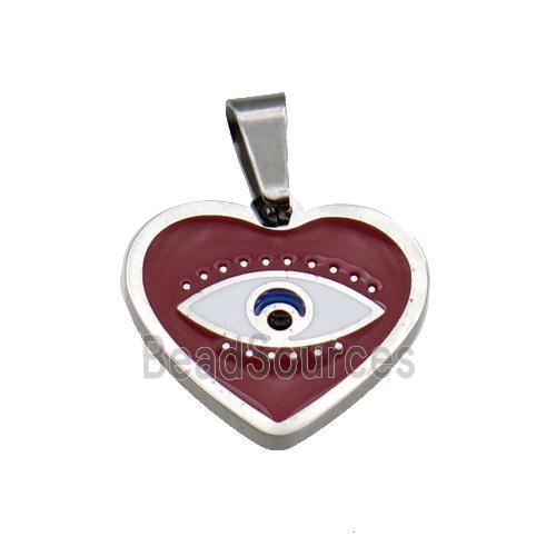 Raw Stainless Steel Heart Eye Pendant Red Enamel