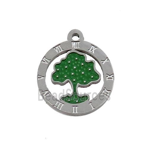 Raw Stainless Steel Tree Pendant Green Enamel