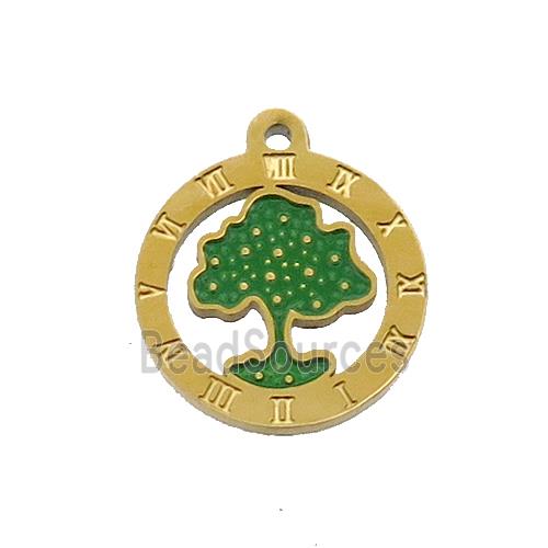 Stainless Steel Tree Pendant Green Enamel Gold Plated