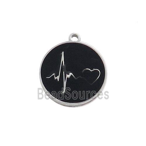 Raw Stainless Steel Circle Heartbeat Pendant Black Enamel