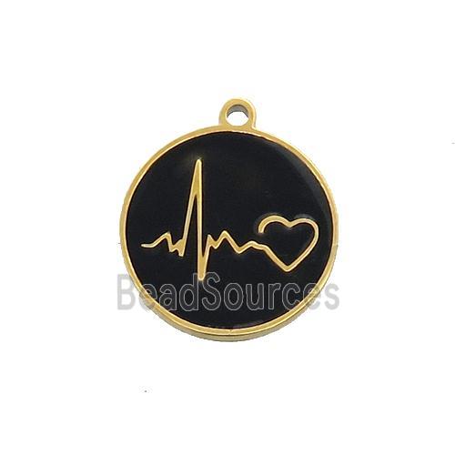 Stainless Steel Circle Heartbeat Pendant Black Enamel Gold Plated