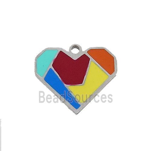 Raw Stainless Steel Heart Charm Pendant Multicolor Enamel