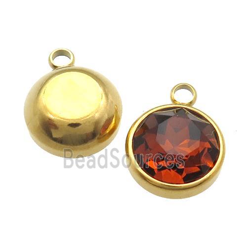 Stainless Steel Button Pendant Pave Orange Crystal Gold Plated