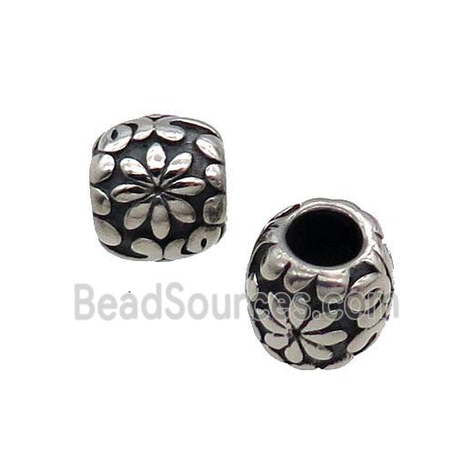 Stainless Steel Round Beads Large Hole Flower Antique Silver