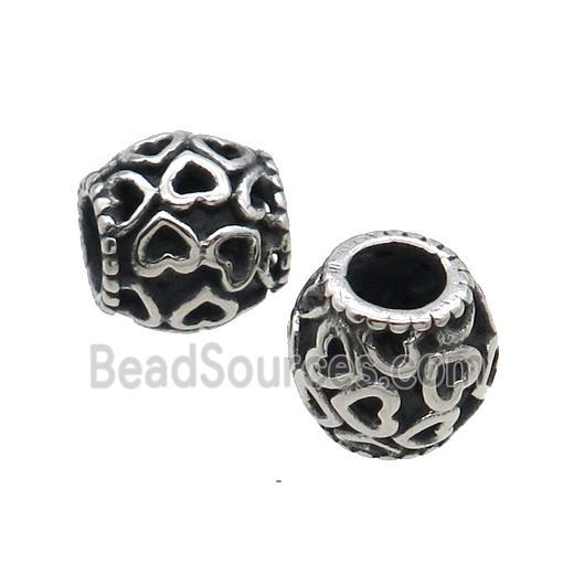 Stainless Steel Barrel Beads Large Hole Heart Antique Silver