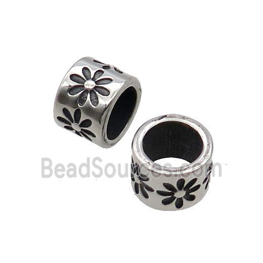 Stainless Steel Tube Beads Flower Large Hole Antique Silver