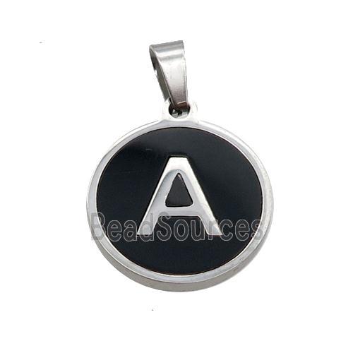 Raw Stainless Steel Pendant Pave Black Agate Letter-A