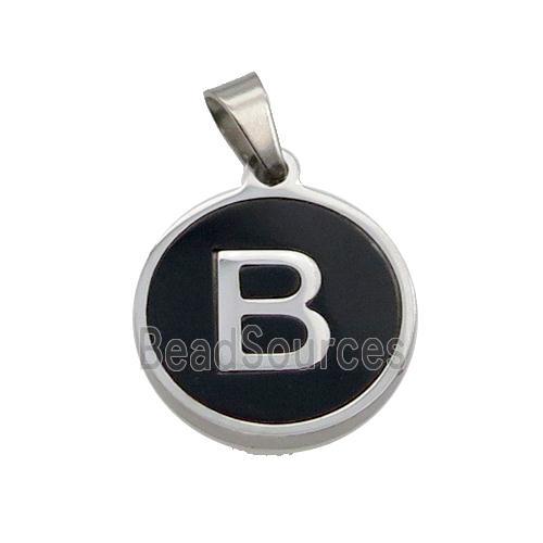 Raw Stainless Steel Pendant Pave Black Agate Letter-B