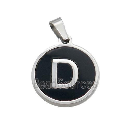 Raw Stainless Steel Pendant Pave Black Agate Letter-D